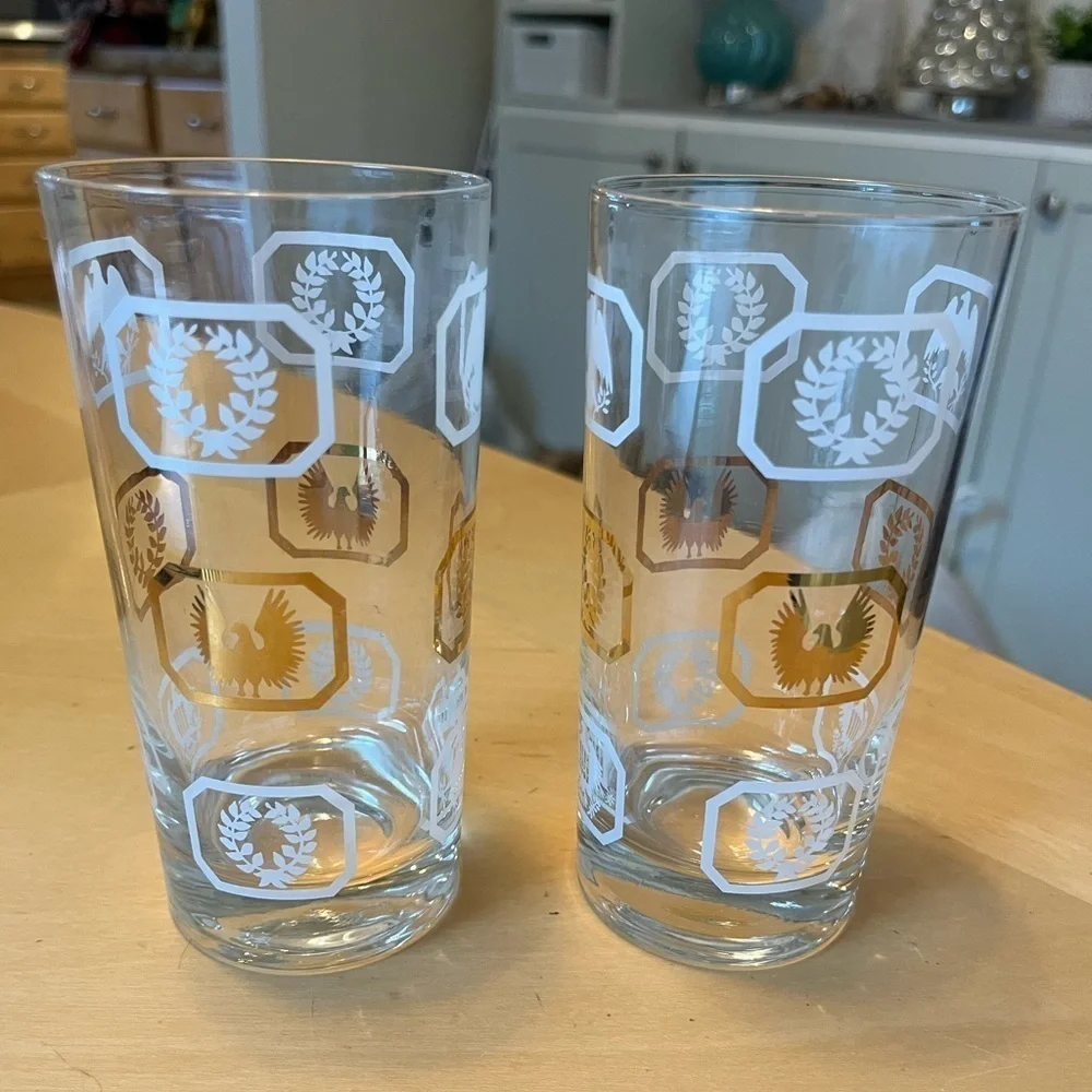 Highball Glasses Set of 2 Vintage Gold & White w/ Eagles Laurel Wreaths